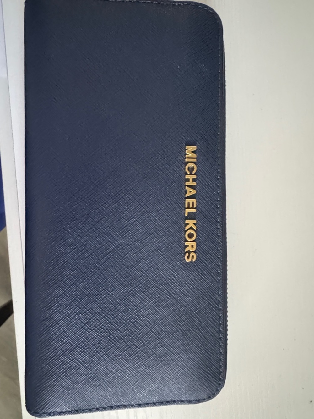 Michael Kors Navy Saffiano Zip Around Wallet with Gold Logo